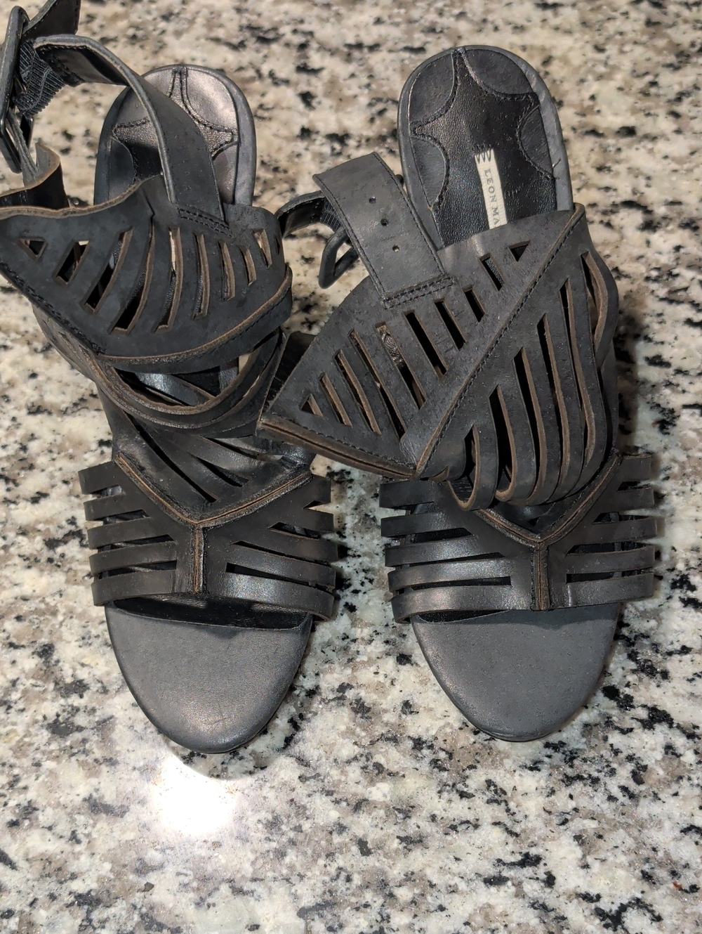 Leon Max Black Cutout Leather Heeled Sandals